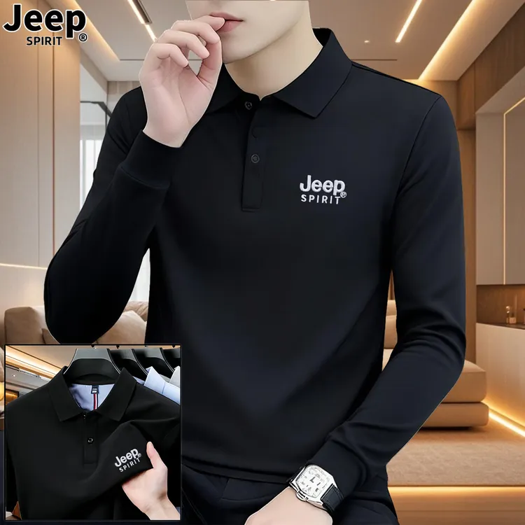 JEEPSPIRIT男士翻领POLO衫长袖刺绣纯色修身休闲棉打底衫秋季上衣