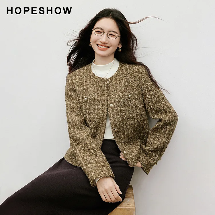 红袖2025冬女装 香风粗花呢浮雕扣正肩短款箱型外套90125320401