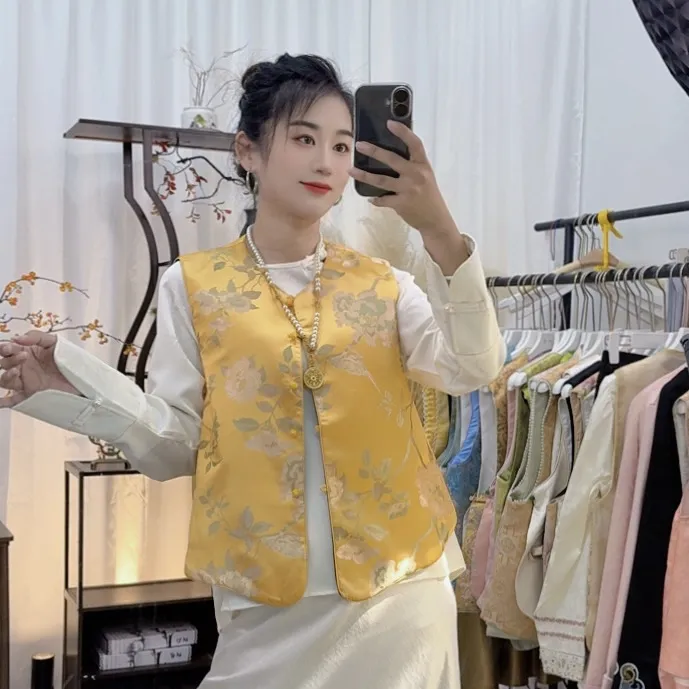 繁花-双面穿中国风国风黄色马甲 新中式显白气质背心