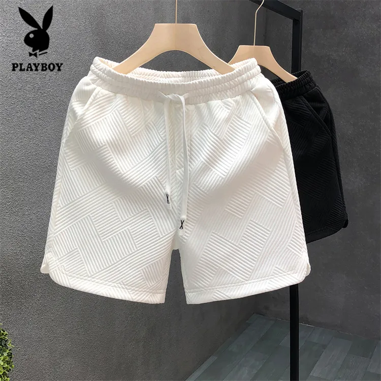 花花公子设计感菱形花纹白色短裤男潮牌帅气五分裤男士夏季半截裤