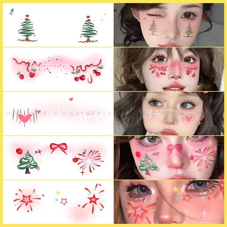 2025新款圣诞节脸贴妆容贴纸纹身贴持久可爱卡通圣诞树氛围感拍照