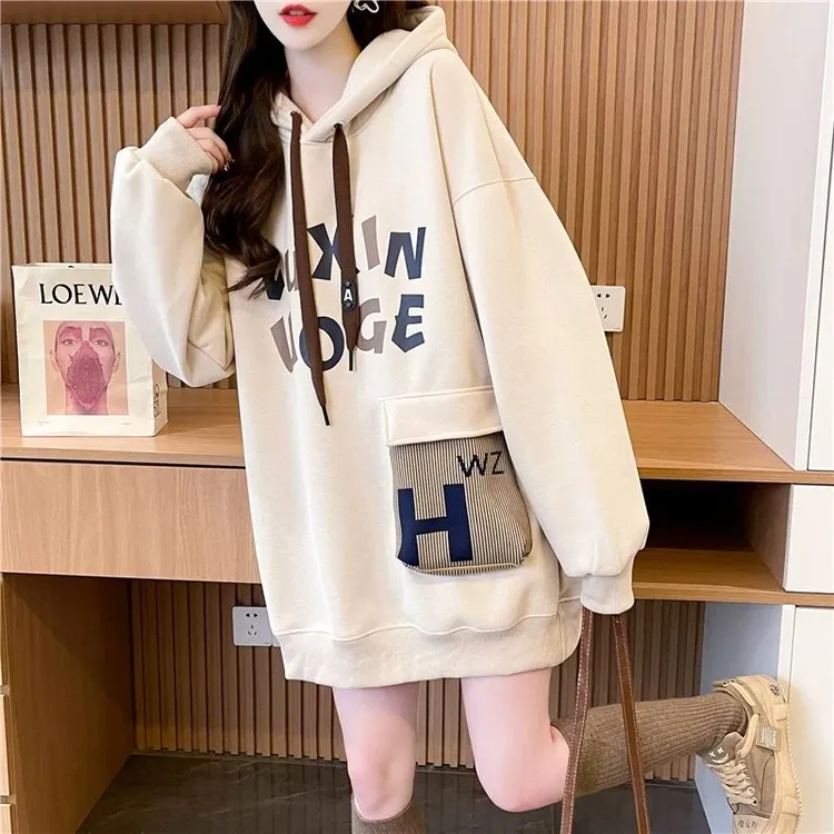 中长款纯棉连帽早秋卫衣女春秋季薄款休闲百搭学生口袋系带套头衫