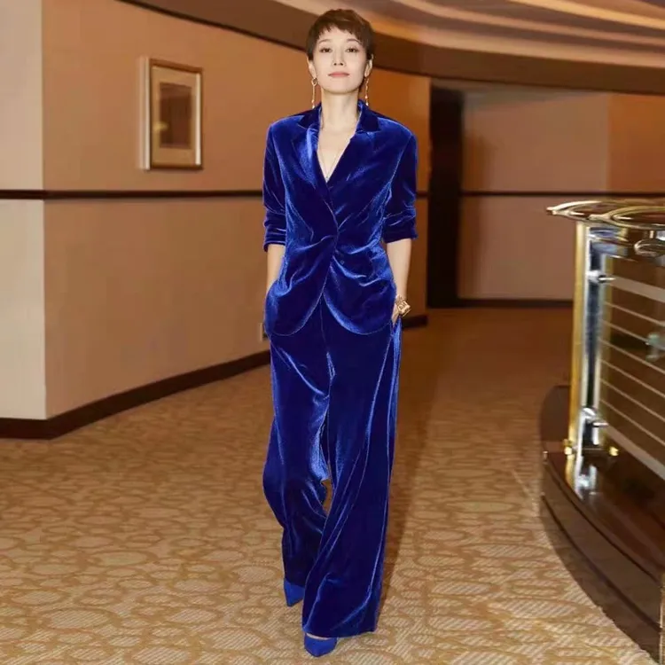 春装小众孔雀蓝金丝绒时尚胖mm西装百搭通勤大码职业套装西服女