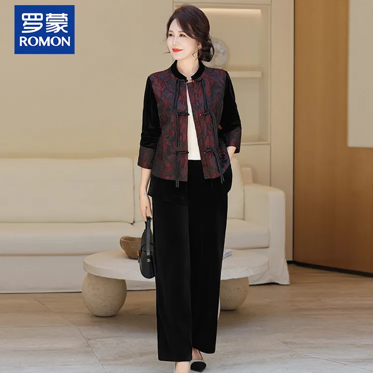 罗蒙年轻妈妈秋装金丝绒套装时尚花色圆领小衫中老年女新款两件套