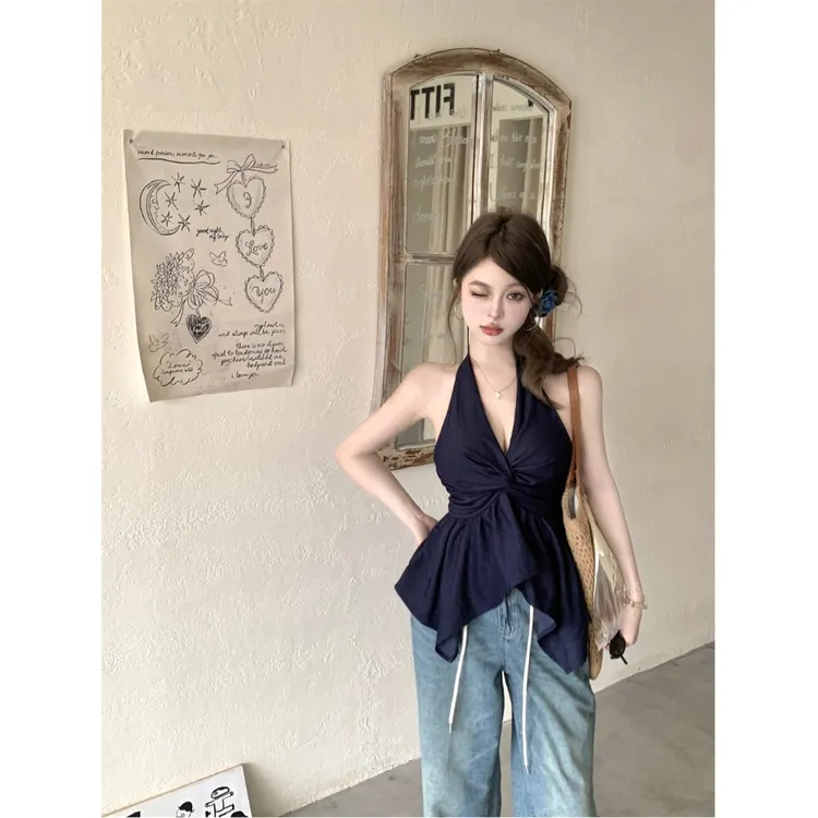 辣妹风蓝色V领扭结挂脖背心女夏外穿收腰显瘦不规则无袖短款上衣