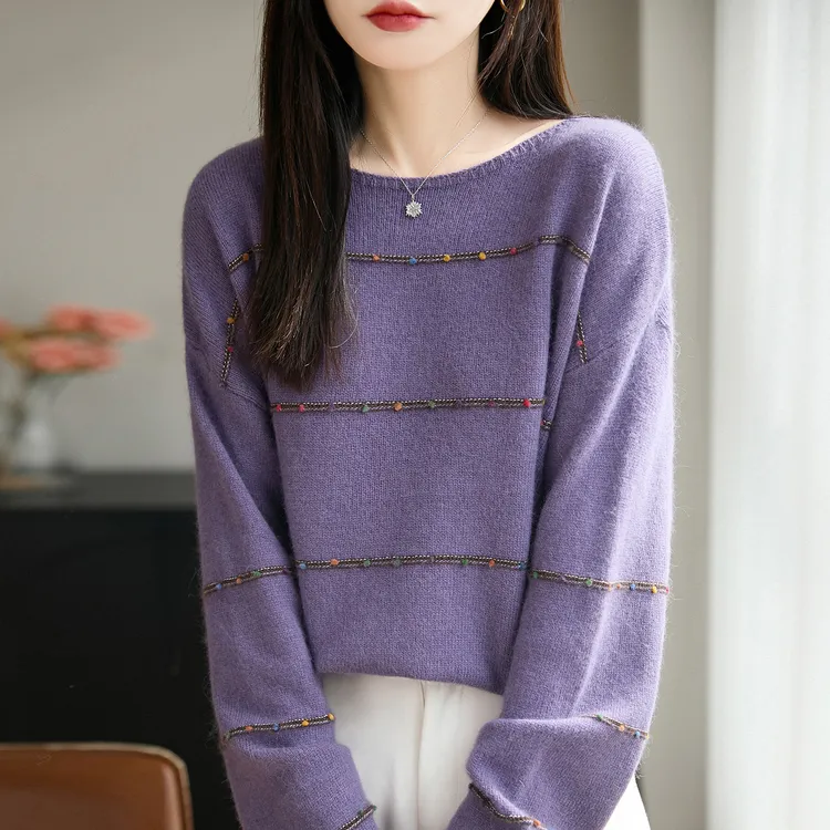 品牌撤柜正品时尚彩色线条装饰打底羊毛衫女2025新款洋气大码女装