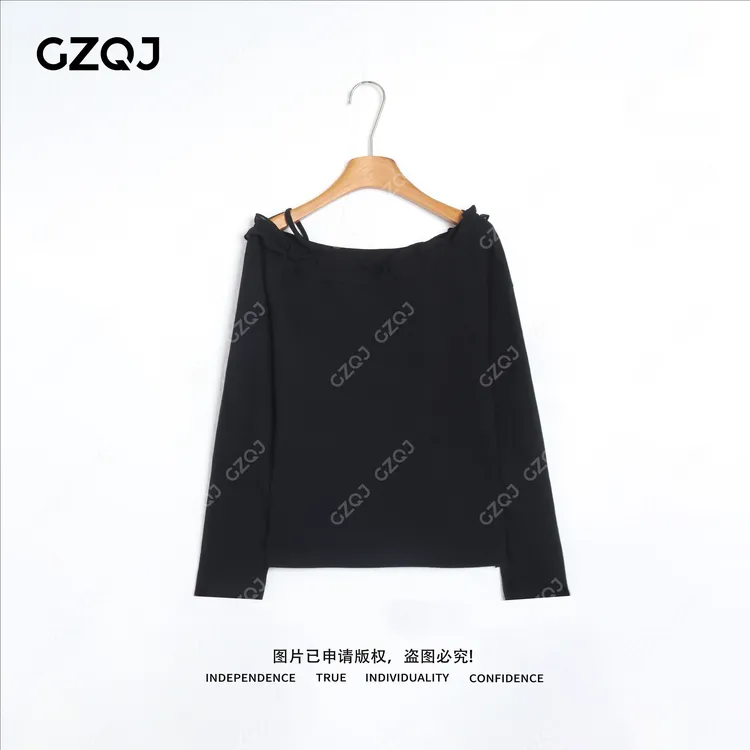 老琴私服【巴黎香颂】琥珀流光风高级感露肩气质长袖打底T恤女37250