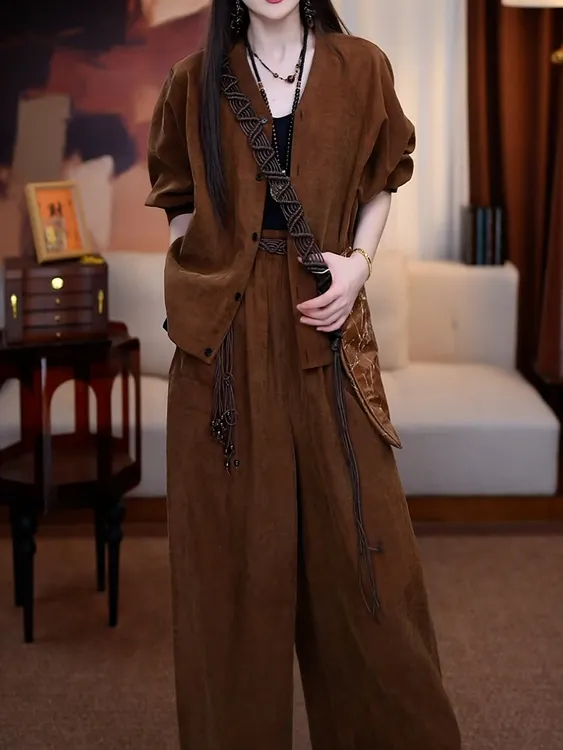 高级感极简风纯色裤套装女2025秋季新款宽松遮肉休闲上衣+阔腿裤