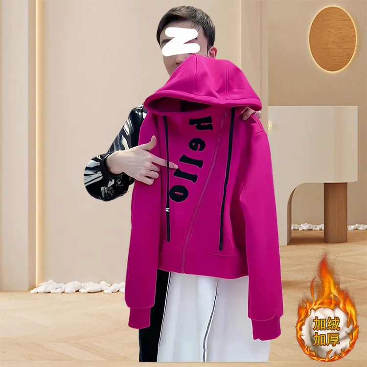 简约ins宽松刺绣字母设计感小众斜拉链卫衣慵懒风时尚洋气上衣女