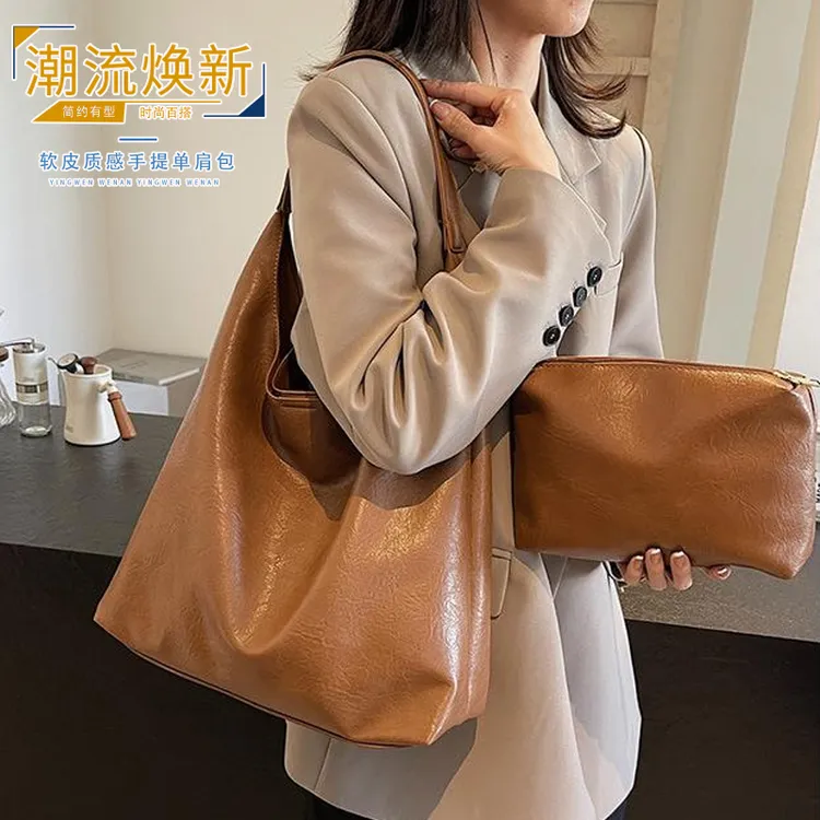 时尚软皮质感手提单肩包女士简约通勤托特包大容量休闲复古子母包
