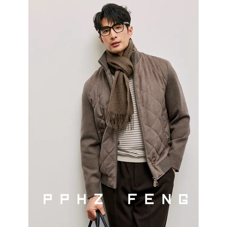 高端骆驼绒填充 醋酸羊毛车菱格 拼接冬季立领拉链棉衣袄服男外套