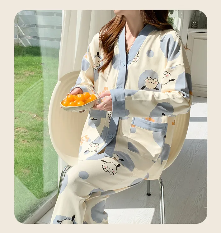 纯棉睡衣女春秋季长袖开衫V领2025新款可外穿卡通可爱家居服套装