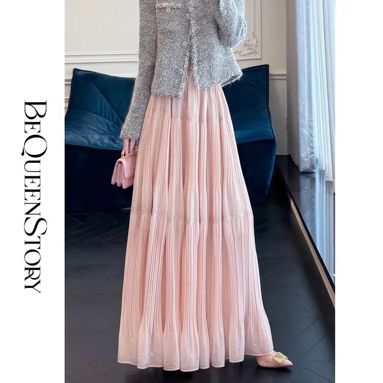 余潇潇【浪漫情调】设计感显瘦百搭松紧腰雪纺撒银压褶烫钻长款半裙