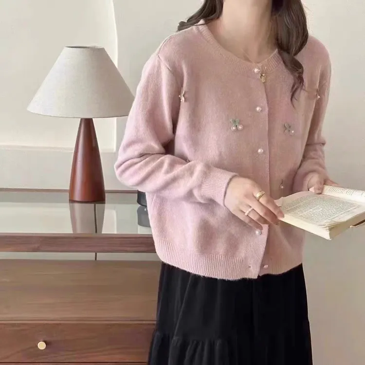 法式立体装饰设计感上衣甜美温柔软糯圆领百搭减龄开衫82106#0.1