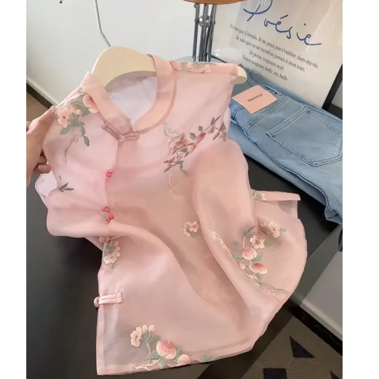 新中式国风绝美提花刺绣小衫女夏季立领盘扣修身无袖背心上衣2025