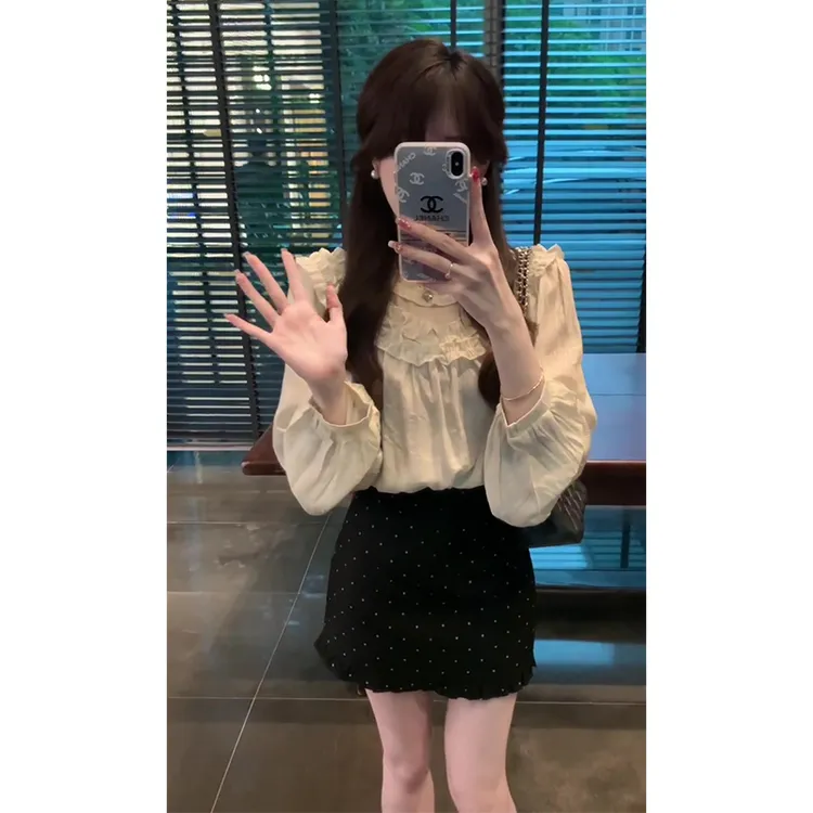 2025早秋新款女法式气质木耳边设计感长袖上衣高腰显瘦波点半身裙