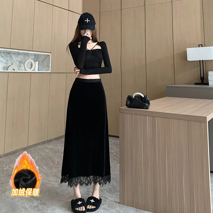 【加绒加厚】高品质蕾丝拼接丝绒半身裙秋冬高腰中长款侧开叉a字裙