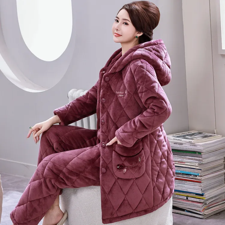 加长款连帽妈妈睡衣女三层加厚珊瑚绒夹棉加绒中老年秋冬季家居服