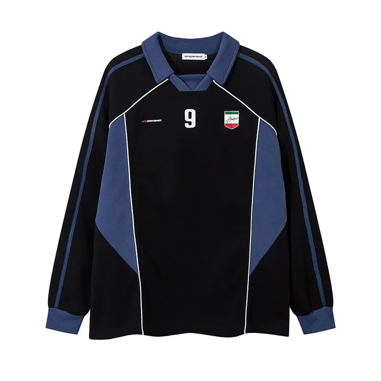 复古撞色美式拼接长袖T恤POLO衫男女国潮牌嘻哈宽松运动拼色翻领t