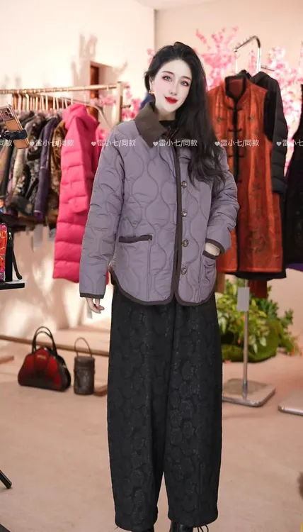 菱形格紫色百搭显瘦棉服拼接翻领小香风轻薄棉衣外套冬季保暖