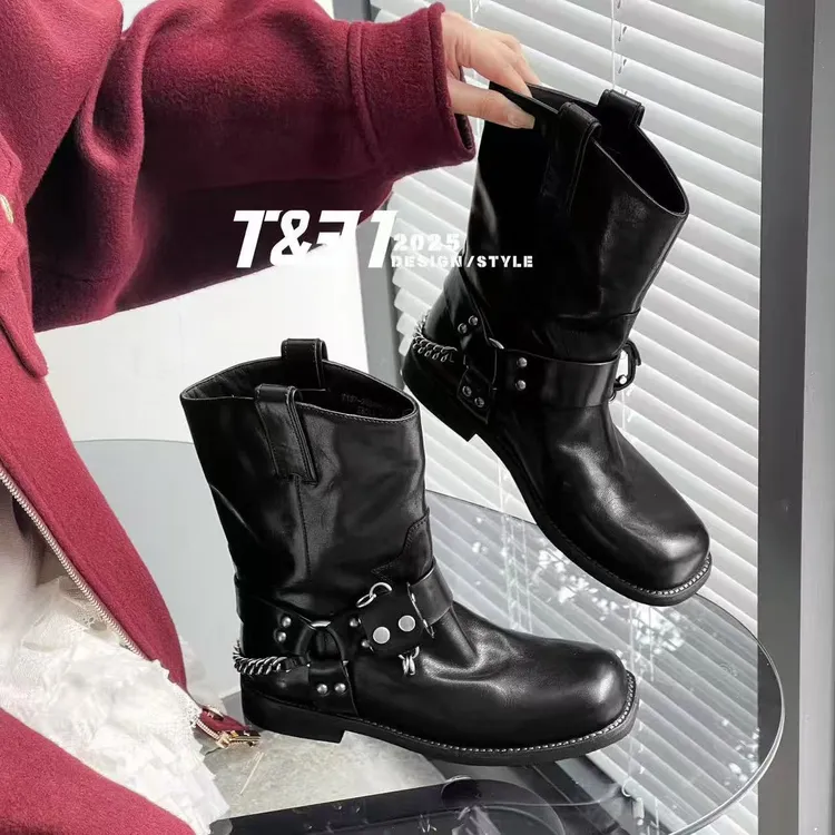 T31正品女鞋2025秋冬新款真皮厚底带扣马丁靴欧货百搭全皮中筒靴