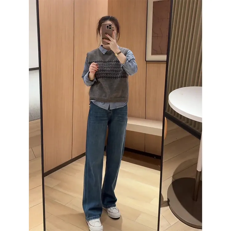 复古蓝窄版阔腿牛仔裤女春秋2025新款小个子宽松显瘦垂坠感直筒裤