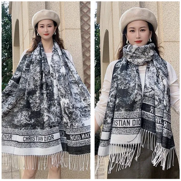 水墨画动物园休闲风围巾女秋冬时尚轻奢保暖围脖双面长款流苏披肩
