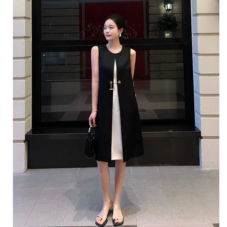 少女风中腰无袖中拼接圆领连衣裙百搭中长款宽松显瘦