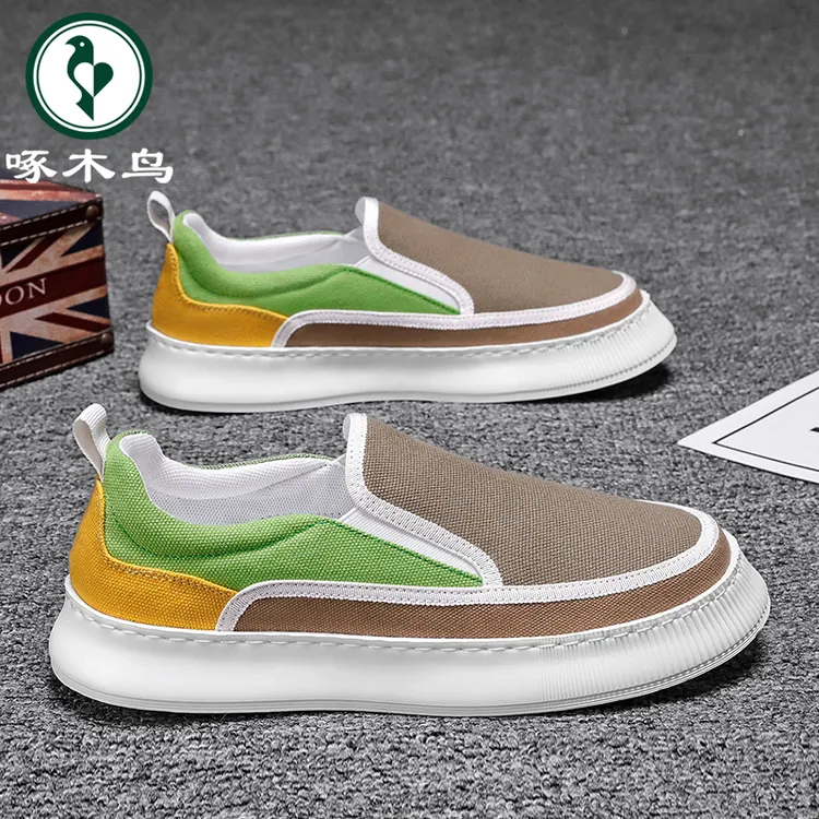 【正品】啄木鸟男鞋新款潮流百搭休闲板鞋男士透气懒人一脚蹬帆布鞋