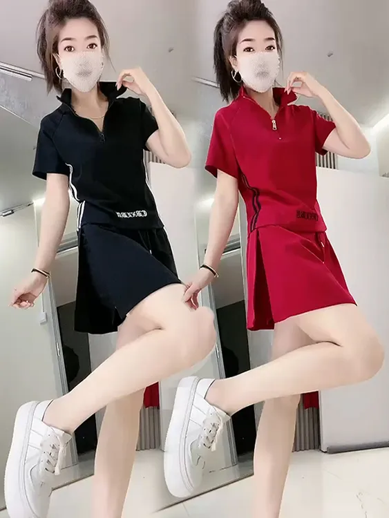休闲运动套装夏装韩版时尚休闲收腰春夏短裤裙子polo百搭洋气套装