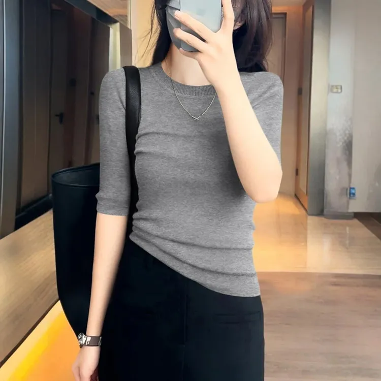 打底衫女秋季修身圆领针织衫T恤洋气2025新款休闲五分袖灰色上衣