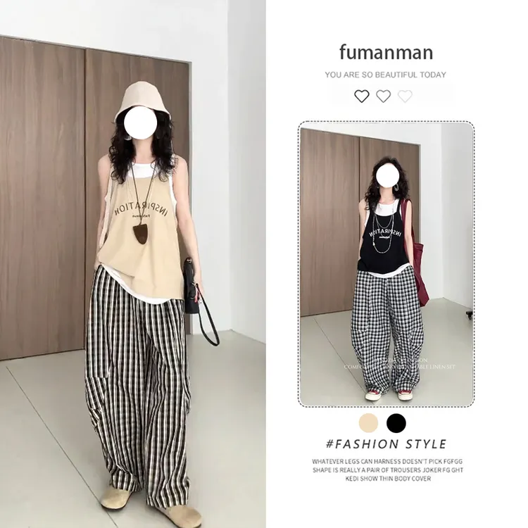 夏季韩系套装女2025新款小众字母吊带显瘦背心搭格子阔腿裤三件套