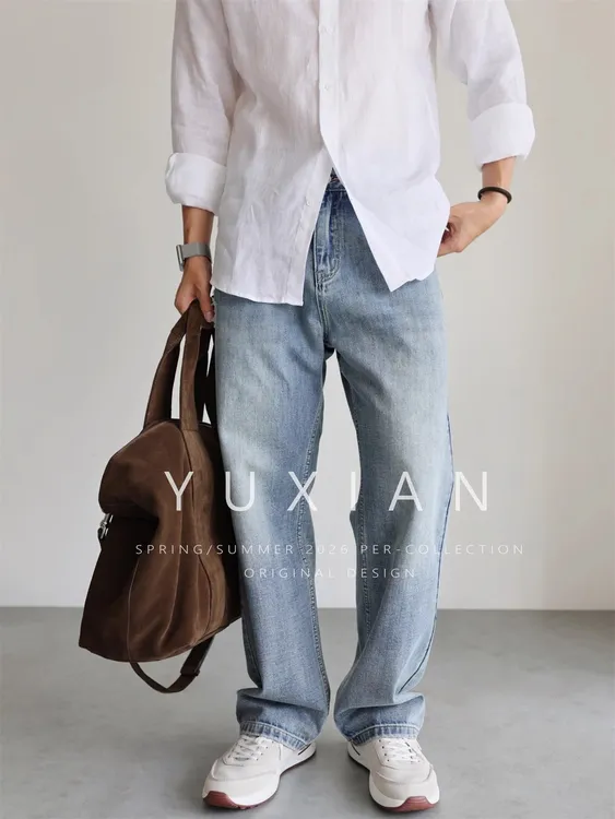 YUXIAN经典丹宁阔腿直筒13盎司水洗复古中腰浅蓝牛仔裤宽松四季款