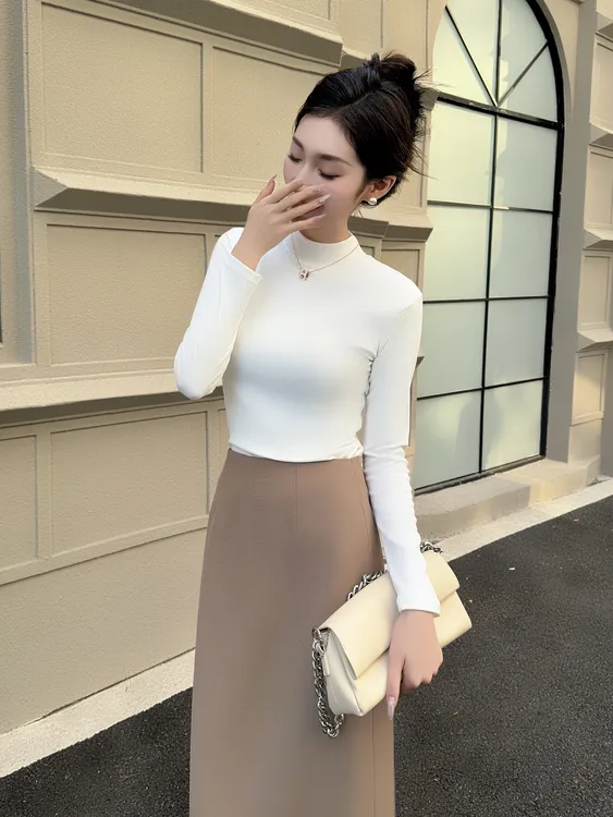 半高领纯色百搭时尚打底衫女士打底衫高弹秋冬长袖上衣