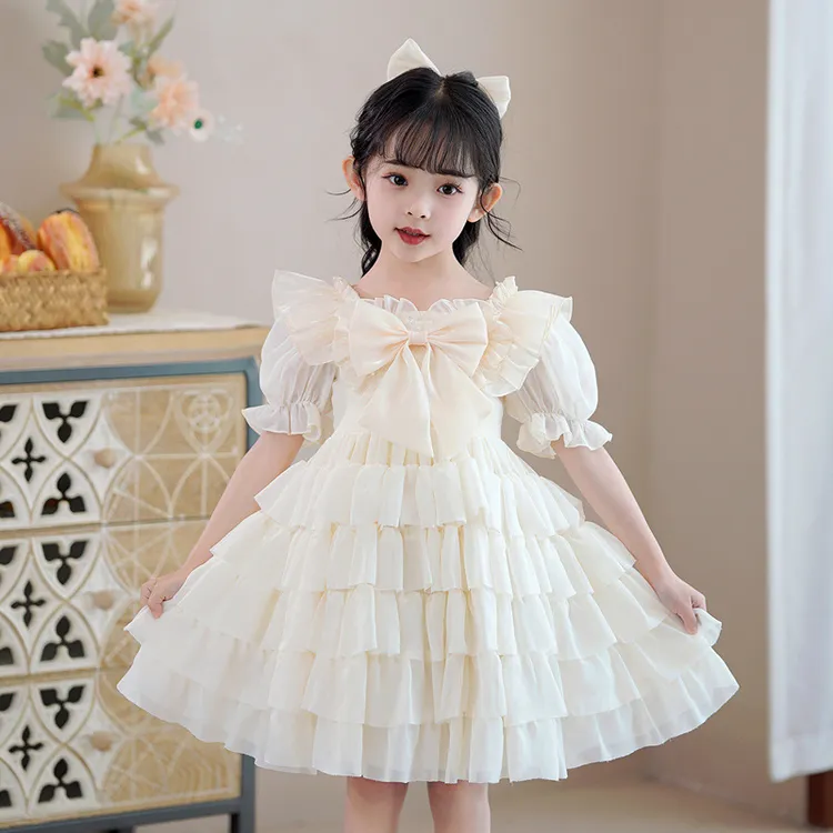 儿童婚纱礼服网纱公主裙中大童装蝴蝶结短袖夏花童女孩时尚连衣裙