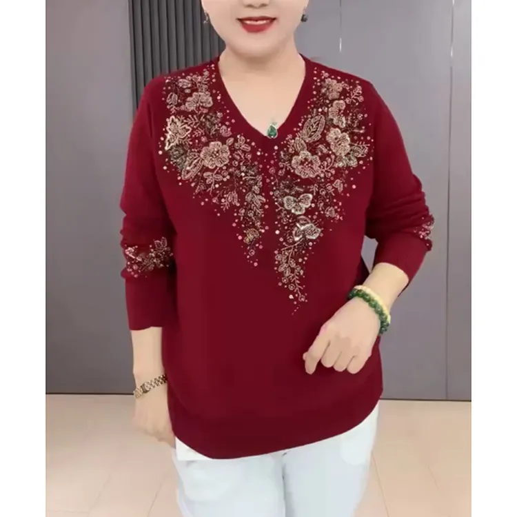 网红中老年妈妈装精品大码V领串珠长袖洋气时尚针织衫女款小衫