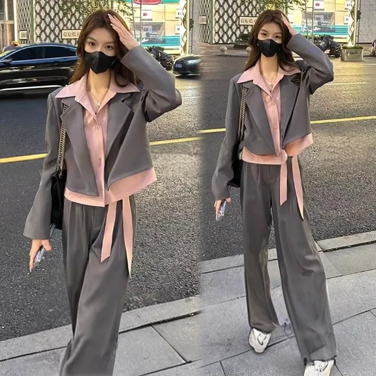 时尚套装女2025春秋新款时髦洋气假两件西装外套阔腿裤显瘦两件套