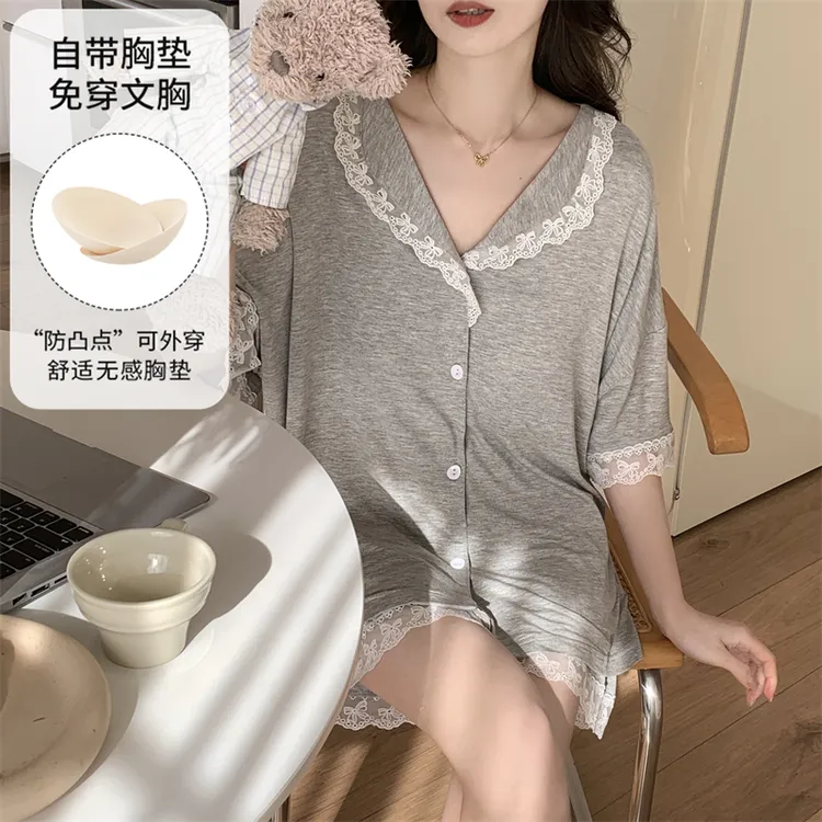 2025新款睡衣女带胸垫莫代尔夏季短袖甜美蕾丝边家居服套装可外穿