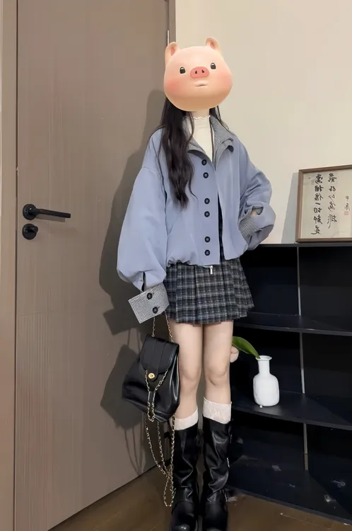 学院风灰蓝色格纹双层领夹克上衣女秋季新款高腰格子半身裙两件套