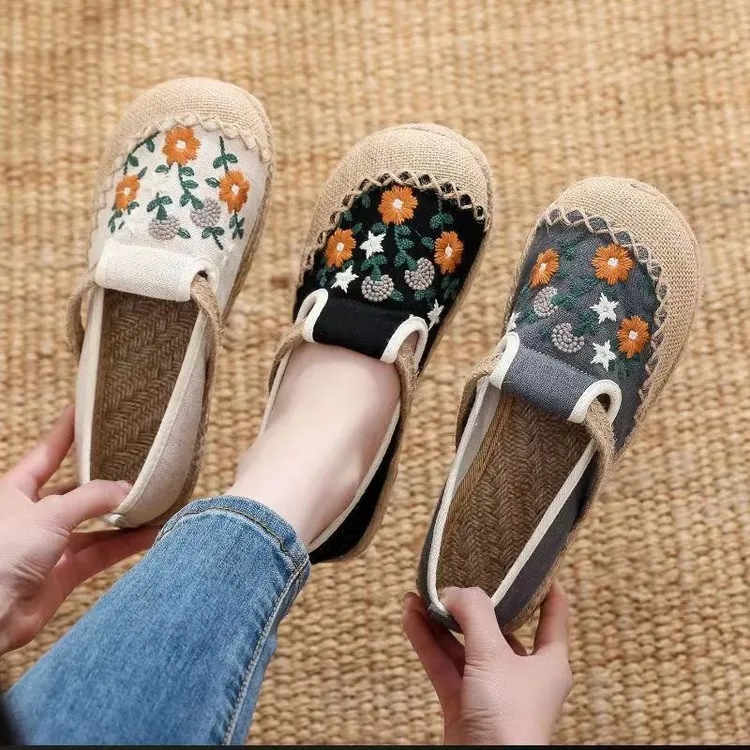 田园风亚麻女老北京布鞋夏季一脚蹬懒人透气渔夫北京老布鞋女款