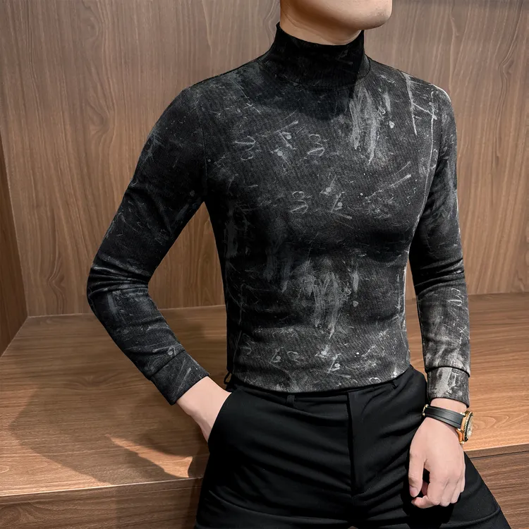 泼墨扎染半高领长袖t恤男款爆款2025新款秋冬时尚男装男士打底衫