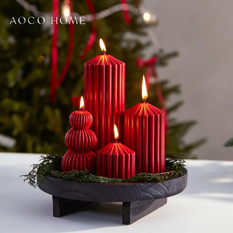 复古酒红色条纹香薰蜡烛新年圣诞餐桌高级感浪漫氛围家居装饰摆件