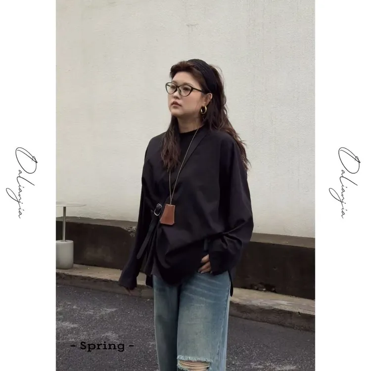 晶咕【新宿出击】弧形下摆简约日系圆领衬衫潮流时尚显瘦百