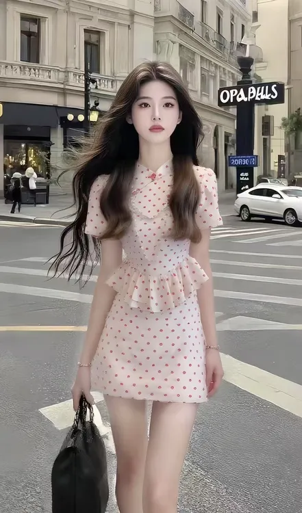 减龄气质温柔甜美风淡粉色波点立领短袖收腰波点连衣裙高级氛围感