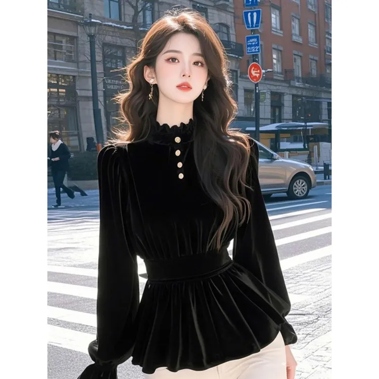 法式独特长袖金丝绒打底衬衫女2025春秋轻奢收腰娃娃衫泡泡袖