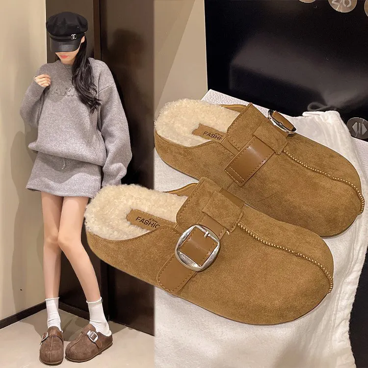 勃肯鞋加绒厚底内增高包头半拖鞋女外穿2025秋冬新款毛毛棉拖鞋子