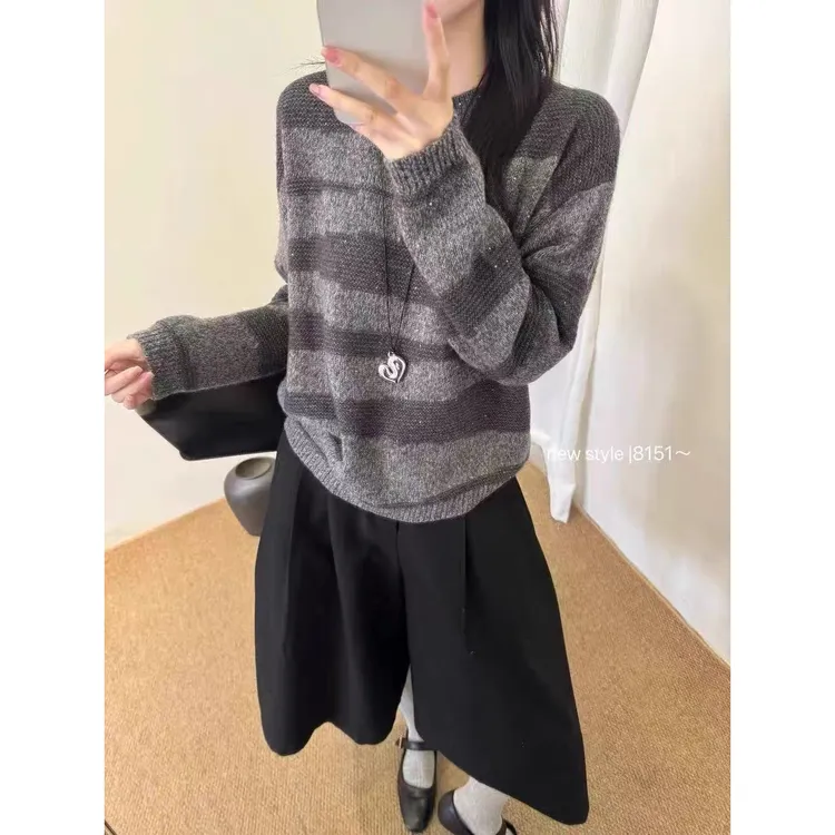 /花纱几何套头/细闪圆领拼色长袖针织上衣女 胸围54 衣长58 95335