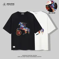 RINGSPUN【H彩马】夏季新款纯棉280g短袖重工刺绣男士半袖T恤潮