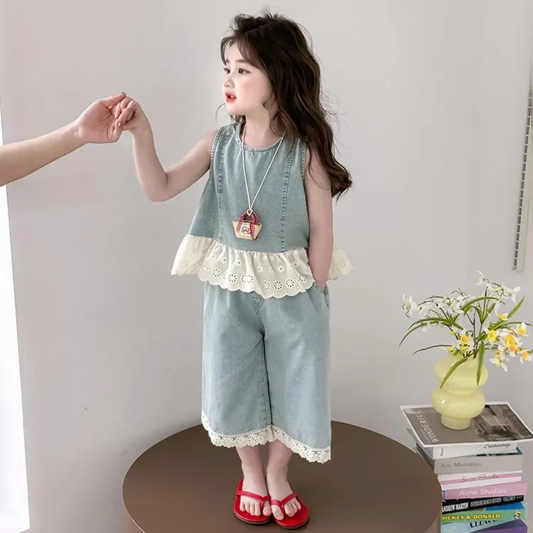 女童夏套装2025新款女宝夏季薄款洋气时髦阔腿裤牛仔套装儿童衣服