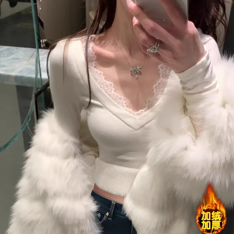 纯欲风蕾丝打底衫女款爆款2025新款内搭加绒加厚修身显瘦甜辣上衣